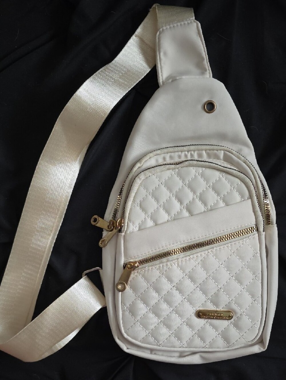Quilted White Crossbody Sling Bag with Gold Accents